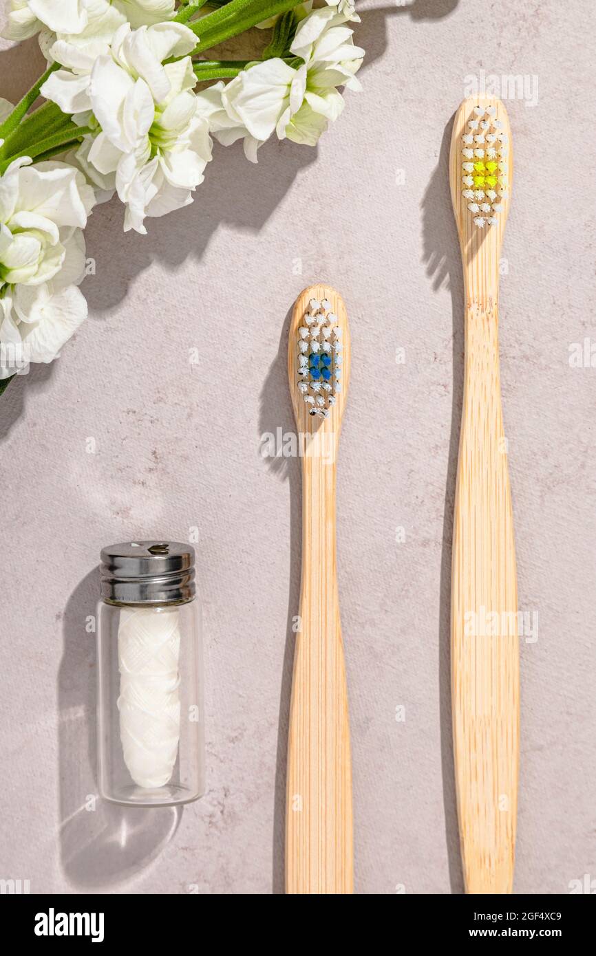 Biodegradable dental floss and blooming flowers hires stock