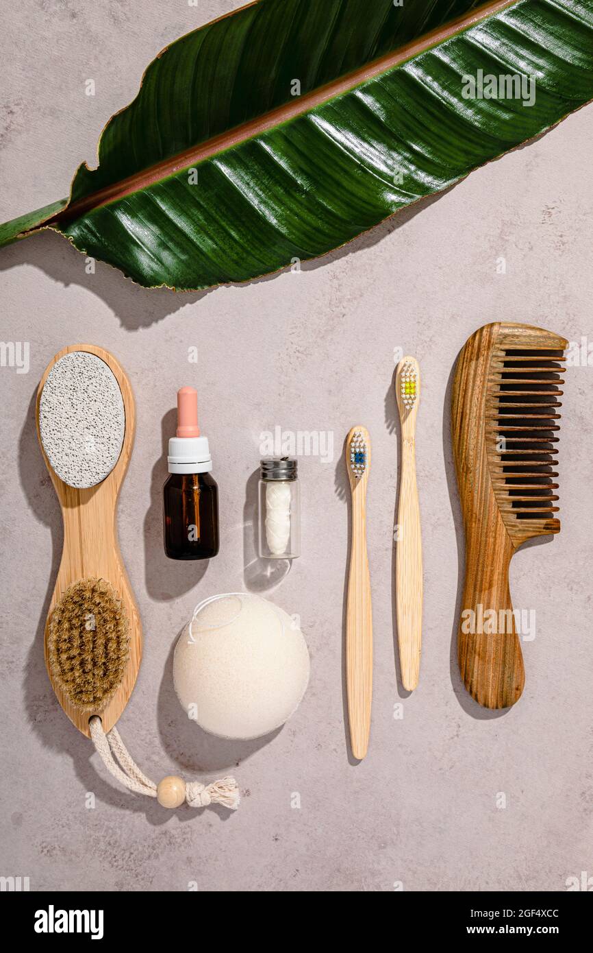 Collection of eco-friendly personal care objects flat laid against white background Stock Photo