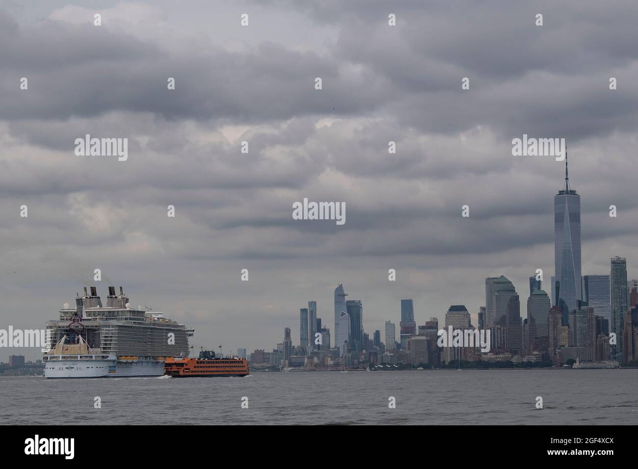 August 21 2021 Royal Caribbean Cruise Ship Oyster Of The Sea Sails From The Port Of Bayonne Through The Hudson River Passing The Nyc Skyline And Freedom Tower As Seen From The