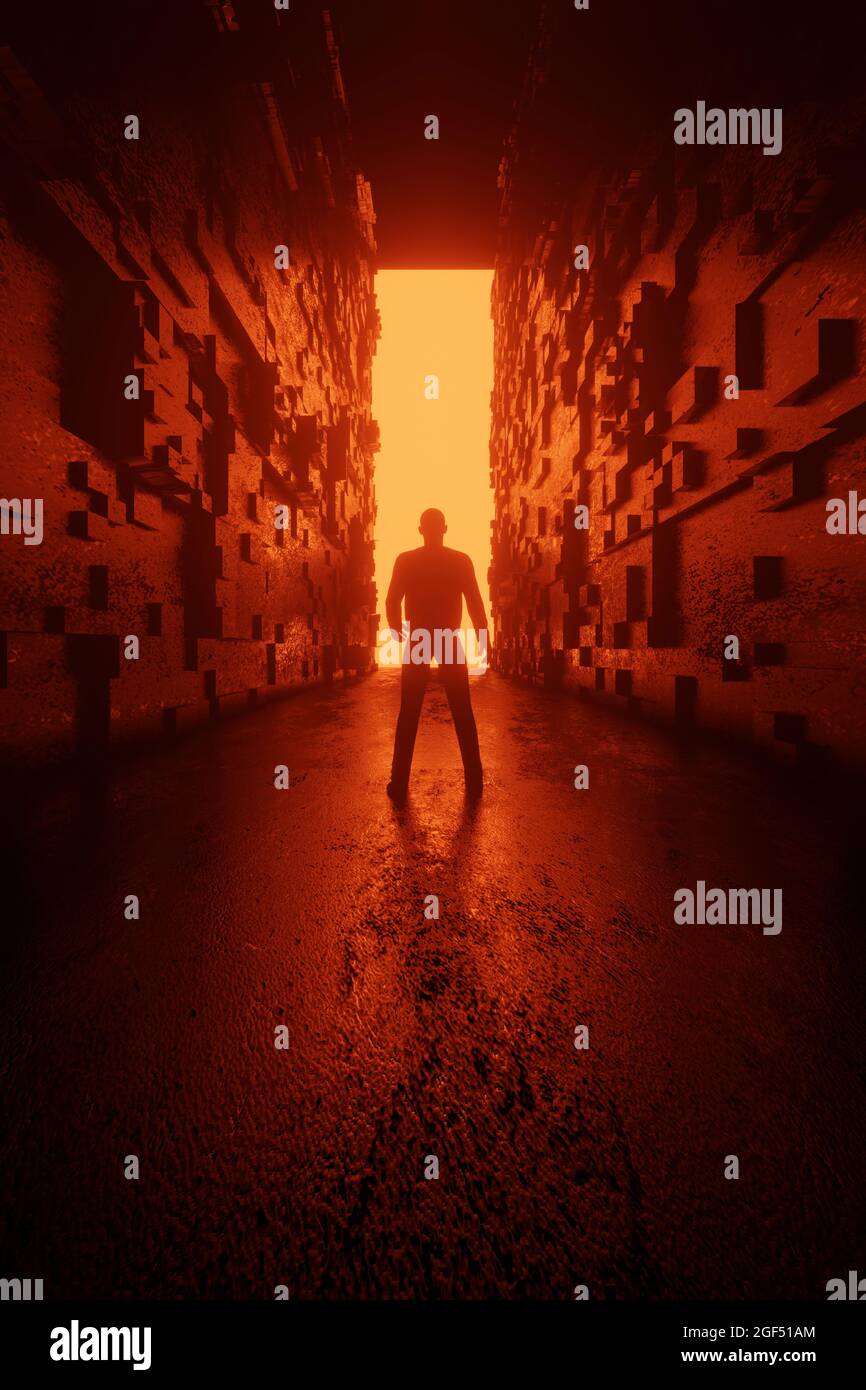 Three dimensional render of man standing in front of gate glowing at