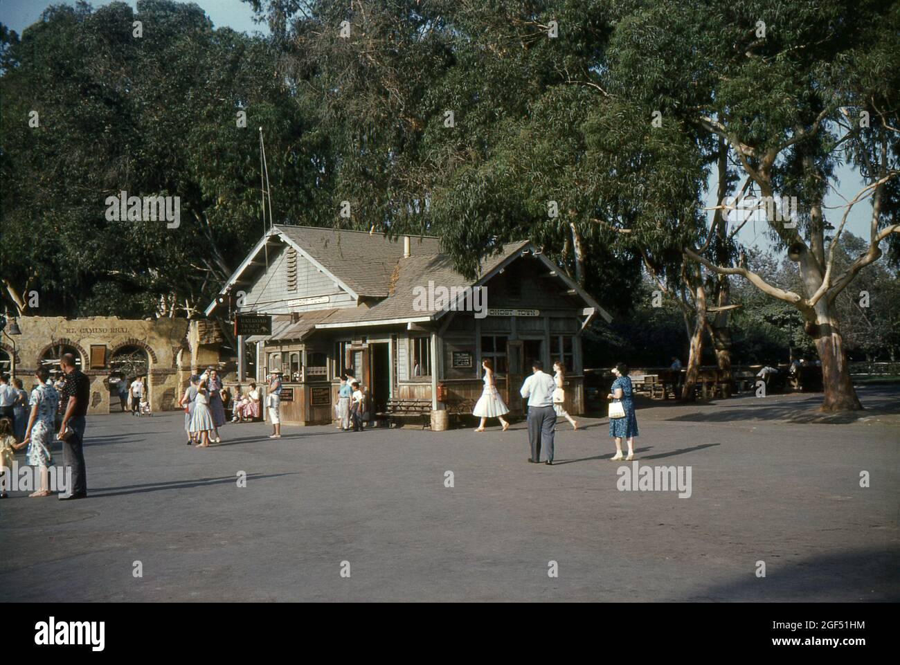 Knott's Berry Farm, Orange County, California. 1959. The Ghost Town & Calico Railroad depot and ticket office. To the left is the adobe archway leading to El Camino Real. Stock Photo