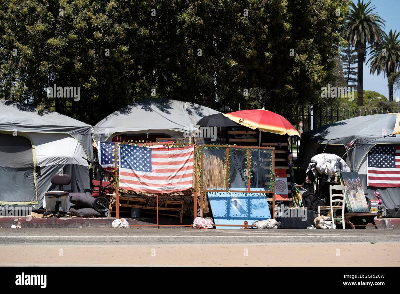 Los Angeles, CA USA - Julyl 3, 2021: Tents of homeless veterans surround the permieter of the Veterans Administration grounds Stock Photo