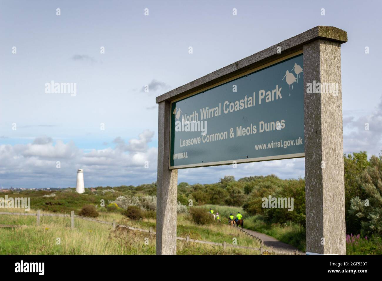 Meols, UK: Sign for North Wirral Coastal Park, Leasowe Common and Meols Dunes. A public space and conservation area. Stock Photo