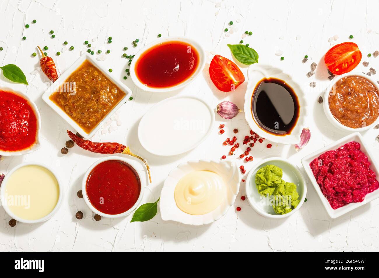 Set of different sauces ketchup, mayonnaise, barbecue, soy, chutney