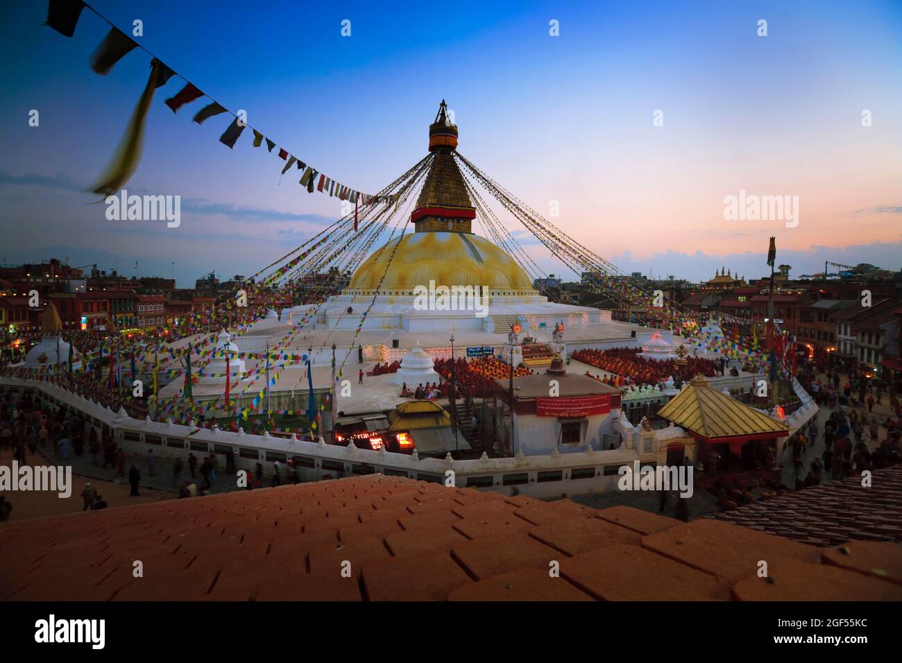 Nepal, Bagmati Province, Kathmandu, Boudhanath stupa at dusk Stock Photo