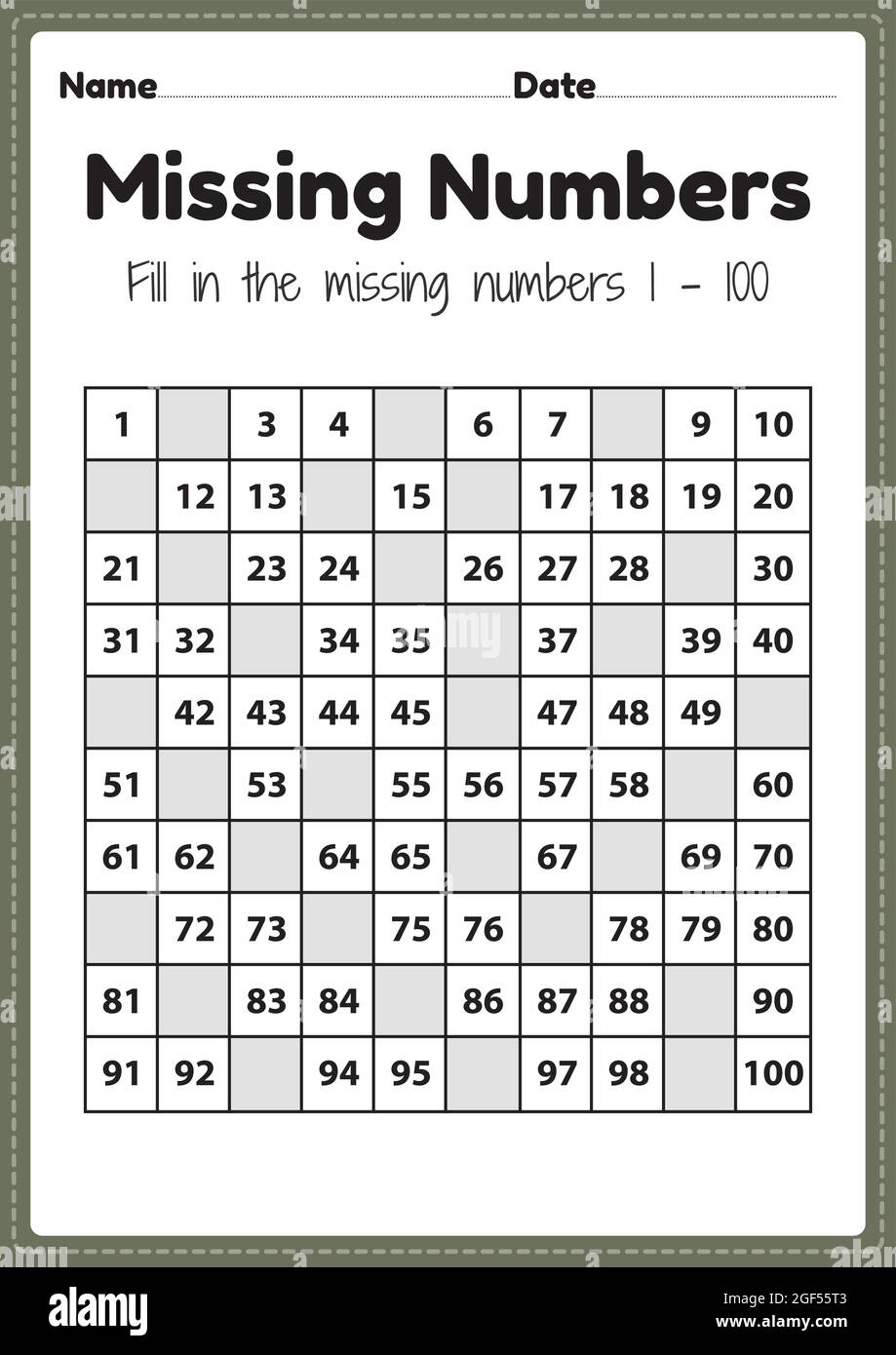 number worksheets missing numbers 1 to 100 printable sheet for preschool and kindergarten kids activity to learn basic mathematics skills stock vector image art alamy