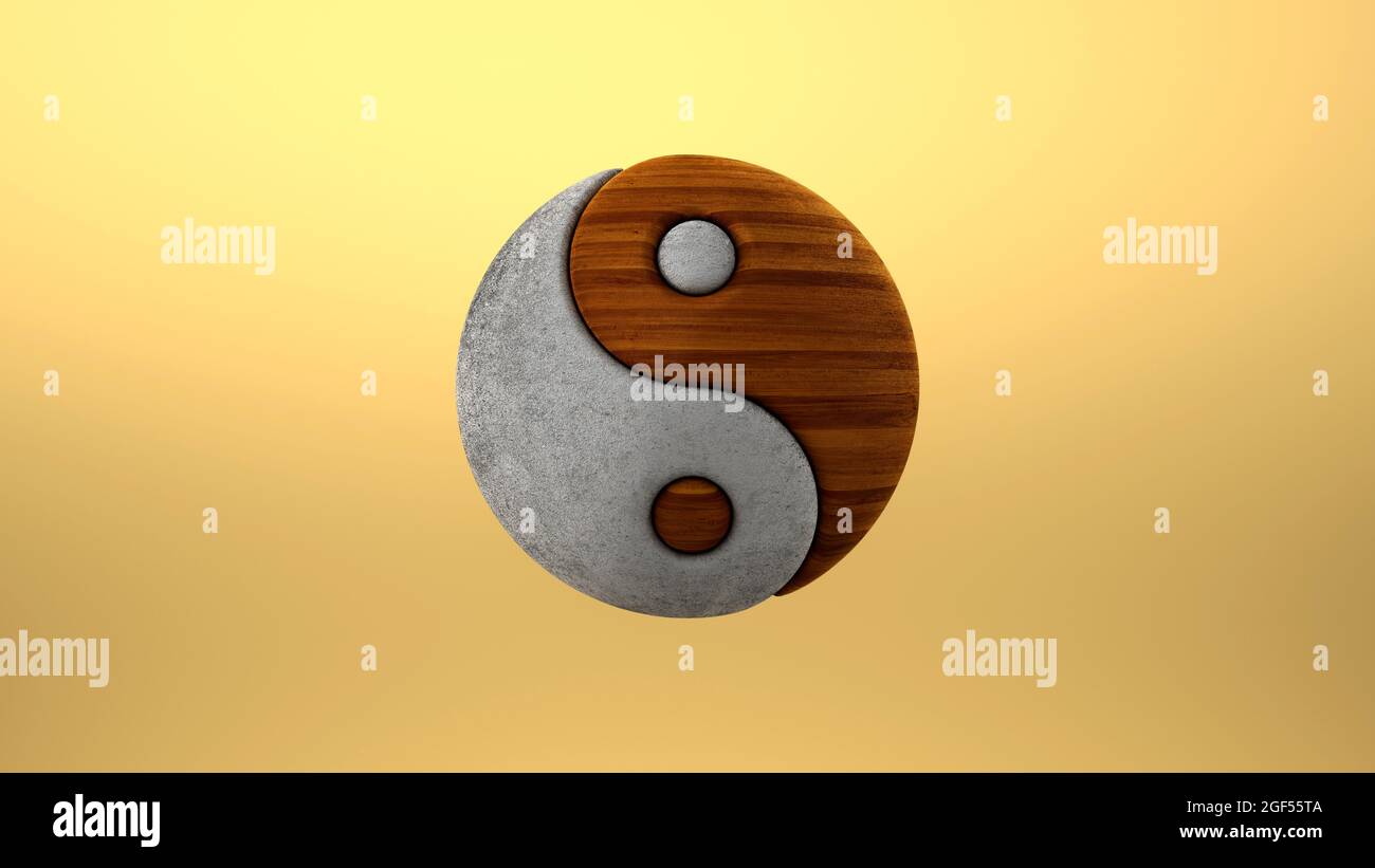 Three dimensional render of yin and yang symbol made of wood and concrete Stock Photo
