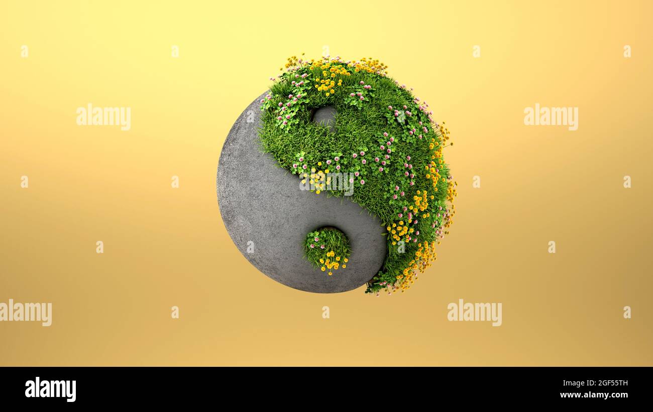 Three dimensional render of yin and yang symbol made of concrete and springtime meadow Stock Photo