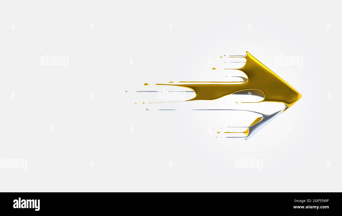 Gold colored liquid arrow flying past white background Stock Photo