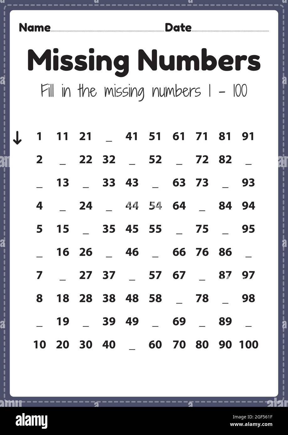 maths worksheet for nursery missing numbers 1 to 100 printable sheet for preschool and kindergarten kids activity to learn basic mathematics skills stock vector image art alamy