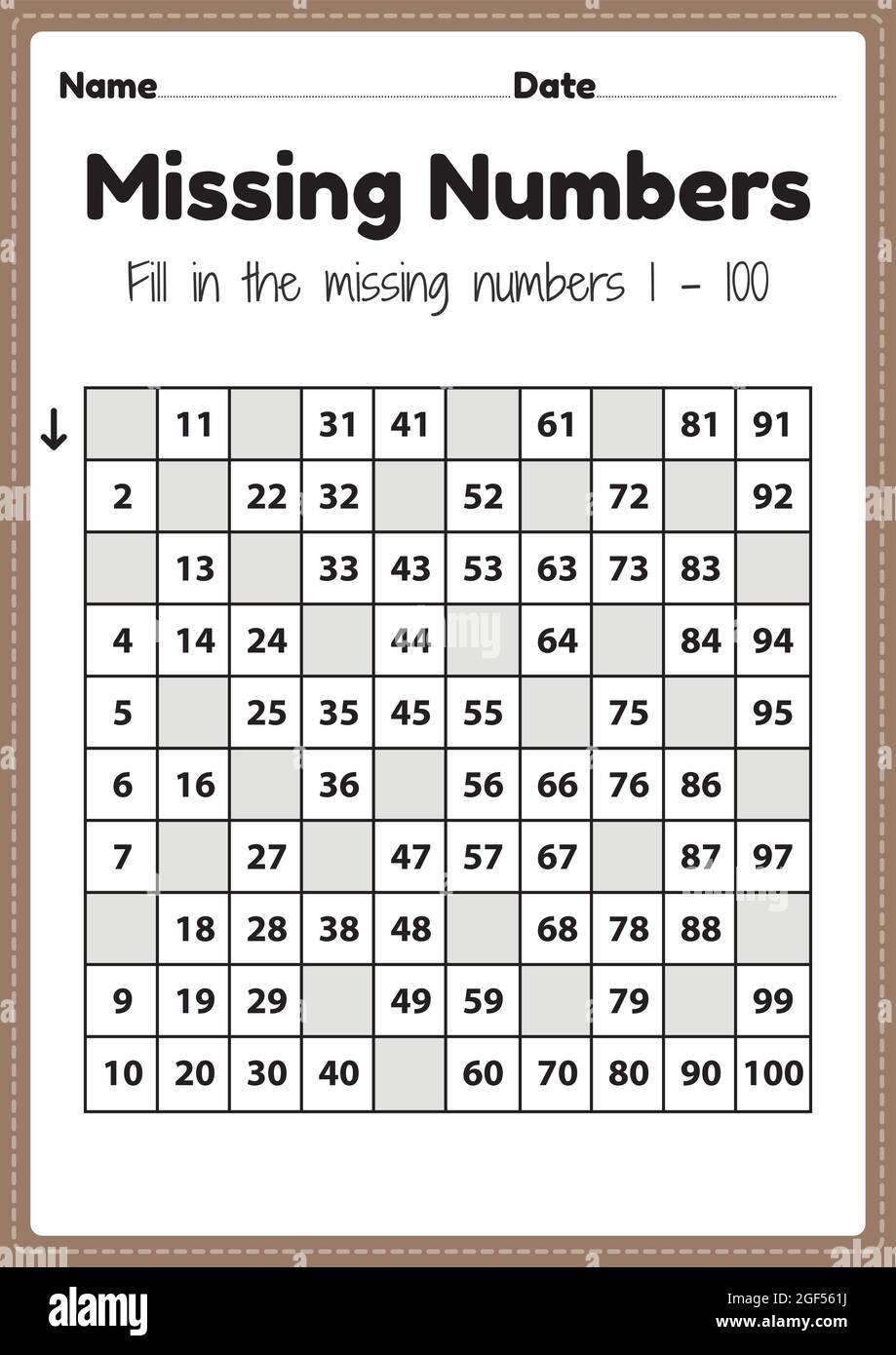 maths worksheets missing numbers 1 to 100 printable sheet for preschool and kindergarten kids activity to learn basic mathematics skills stock vector image art alamy