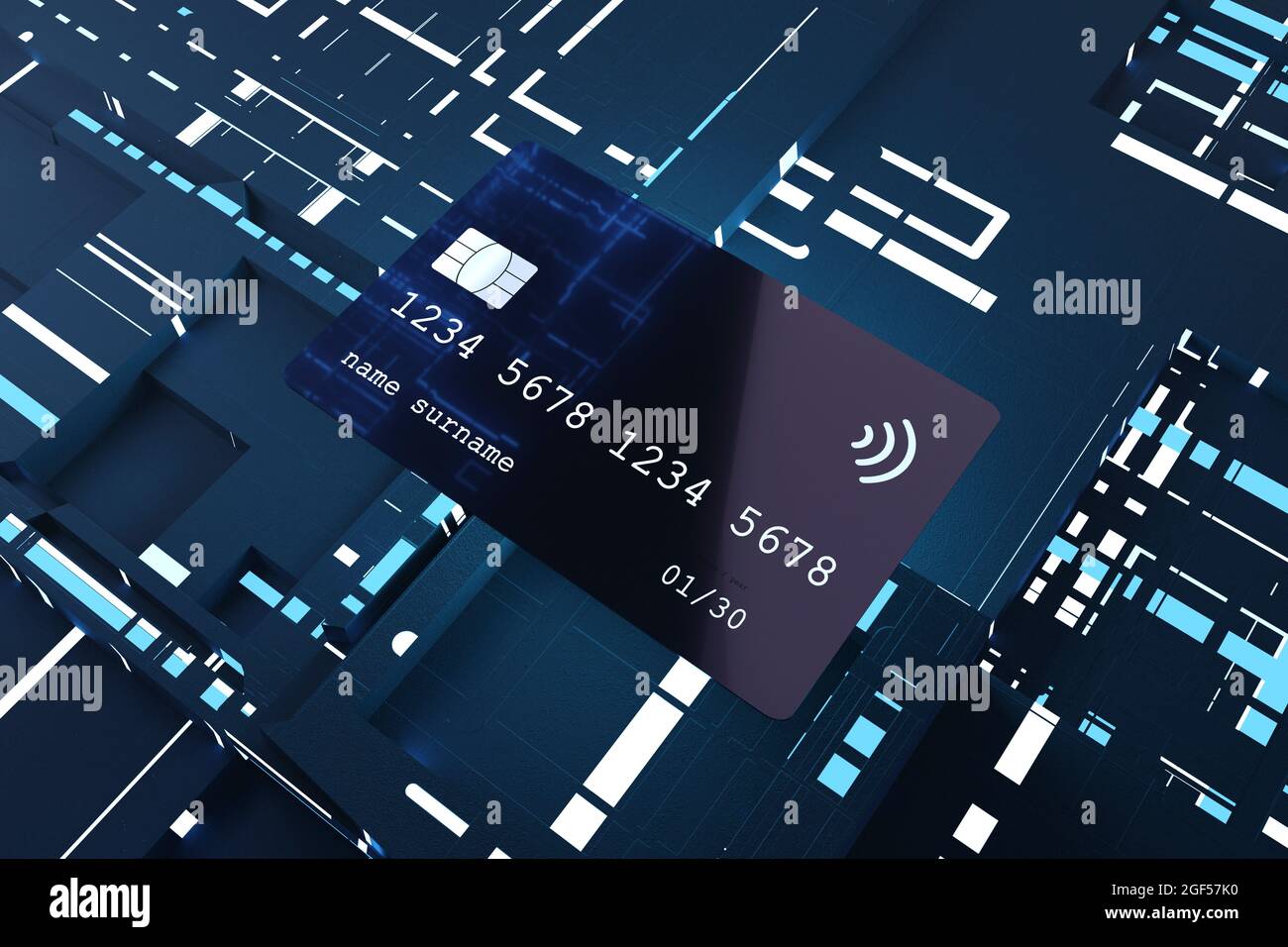Three dimensional render of credit card against electronic background Stock Photo