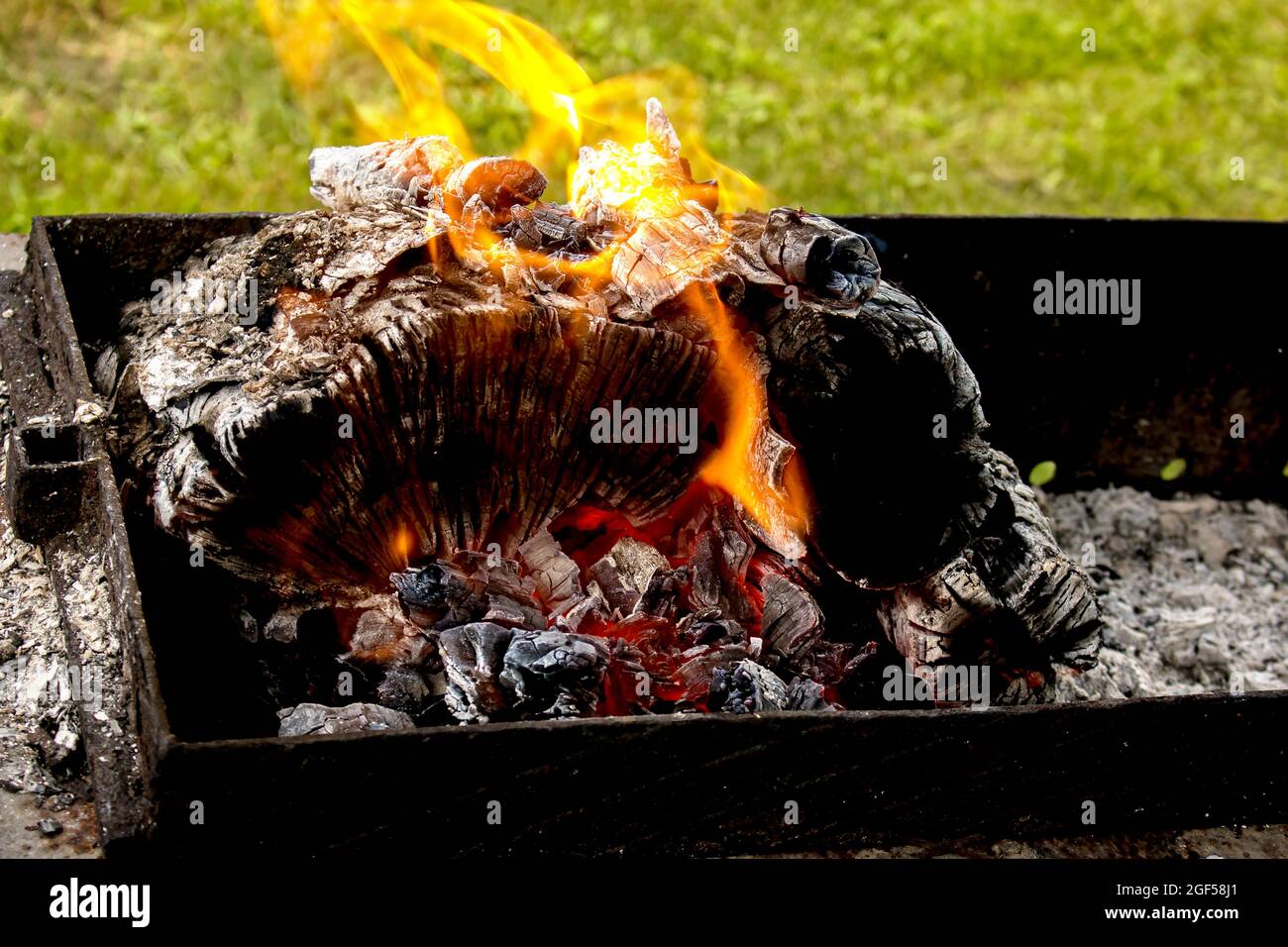 Campfire coals, Firewood burning on grill. Texture fire bonfire embers. Smoldering fire. The hot embers of burning wood log fire. Stock Photo