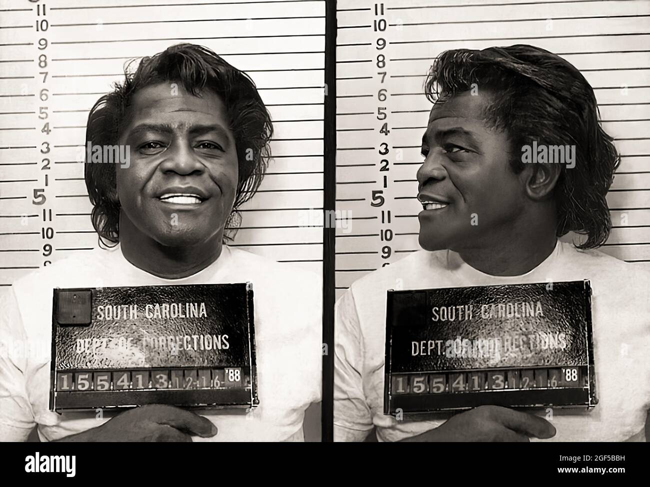 1988 , South Carolina , USA : The celebrated King of Soul Music JAMES BROWN ( 1933 - 2006 ) when was arrested by Police Department of South Carolina in the official mug-shot . On this day, Dec. 15, in 1988, James Brown began serving a six-year sentence for carrying a deadly weapon at a public gathering, attempting to flee police, and driving under the influence of drugs . Rumors of a PCP habit had already surfaced by the time his erratic behavior came to a head in September, when he reportedly stormed into the insurance company next to his office, waving a shotgun and complaining that “strange Stock Photo