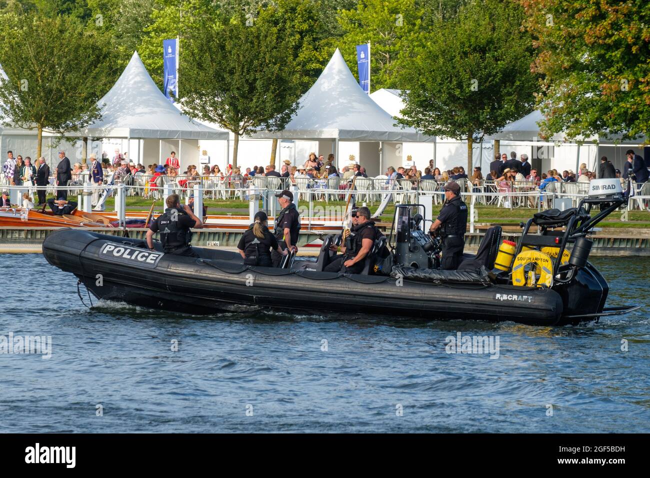 Hampshire Police Marine Support Unit on patrol in a powerful Ribcraft RIB at Henley Royal Regatta 2021 on the River Thames Stock Photo