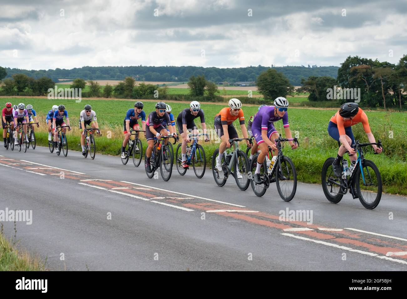 Cyclists taking part in the 2021 Victor Berlemont Trophy road race around Woodcote in Oxfordshire Stock Photo