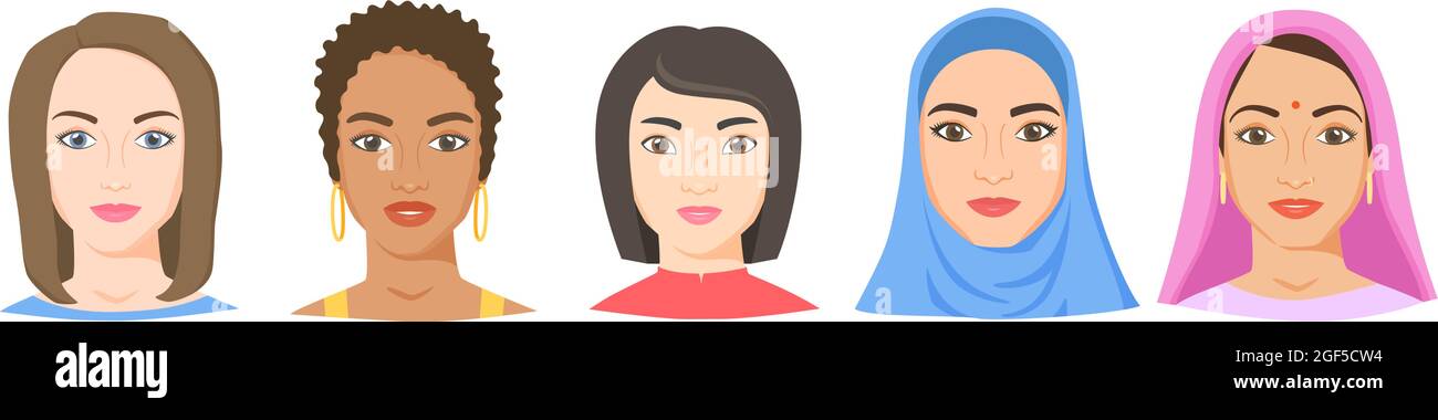 Women with different ethnicity, race and appearance. White, black, Asian, Arab, Indian female faces in flat style. Vector collection Stock Vector