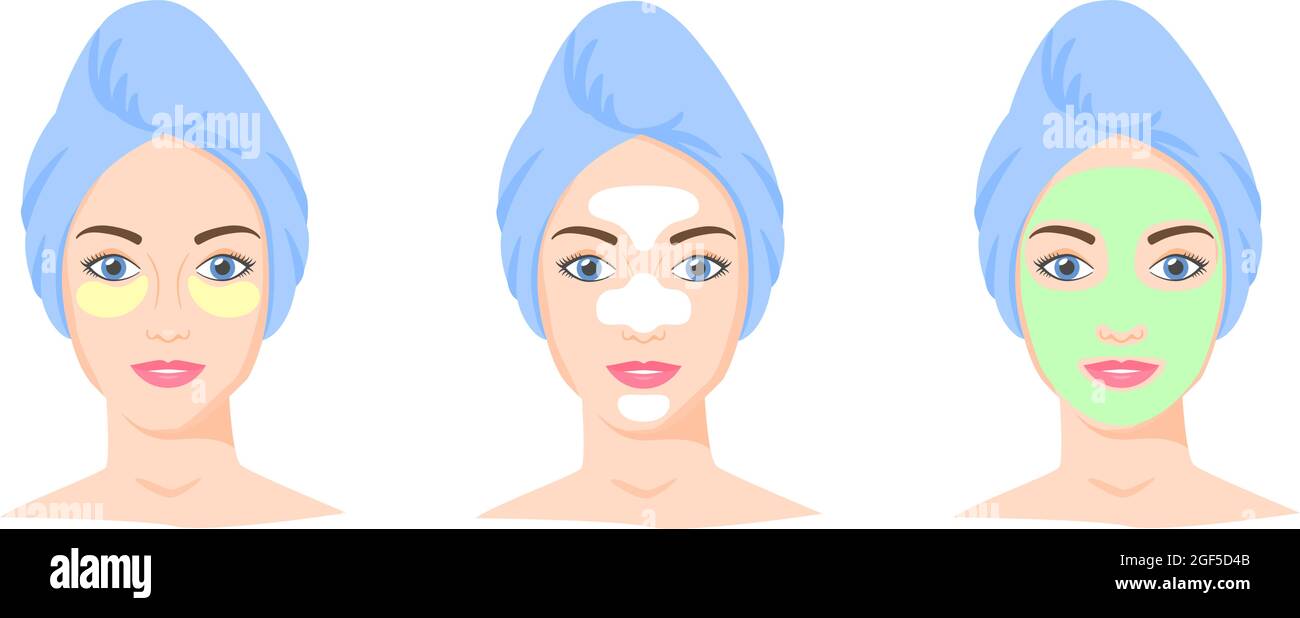 Different cosmetic products set. T-zone strips, clay or sheet mask, eye patches. Woman with towel on head. Vector Stock Vector