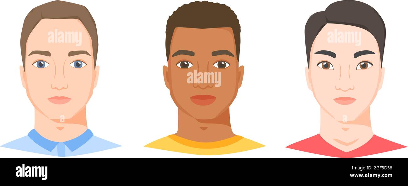 Men with different ethnicity, race and appearance. White, black and asian male faces in flat style. Vector  Stock Vector