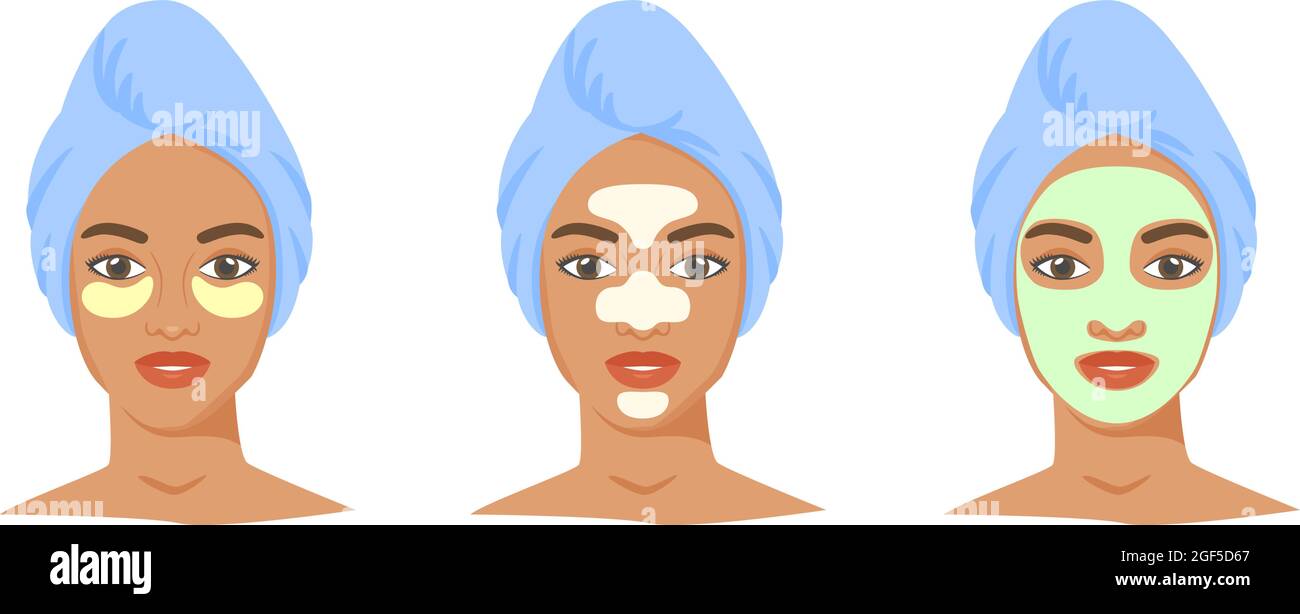 Different cosmetic products set. T-zone strips, clay or sheet mask, eye patches. Black woman with towel on head. Vector Stock Vector