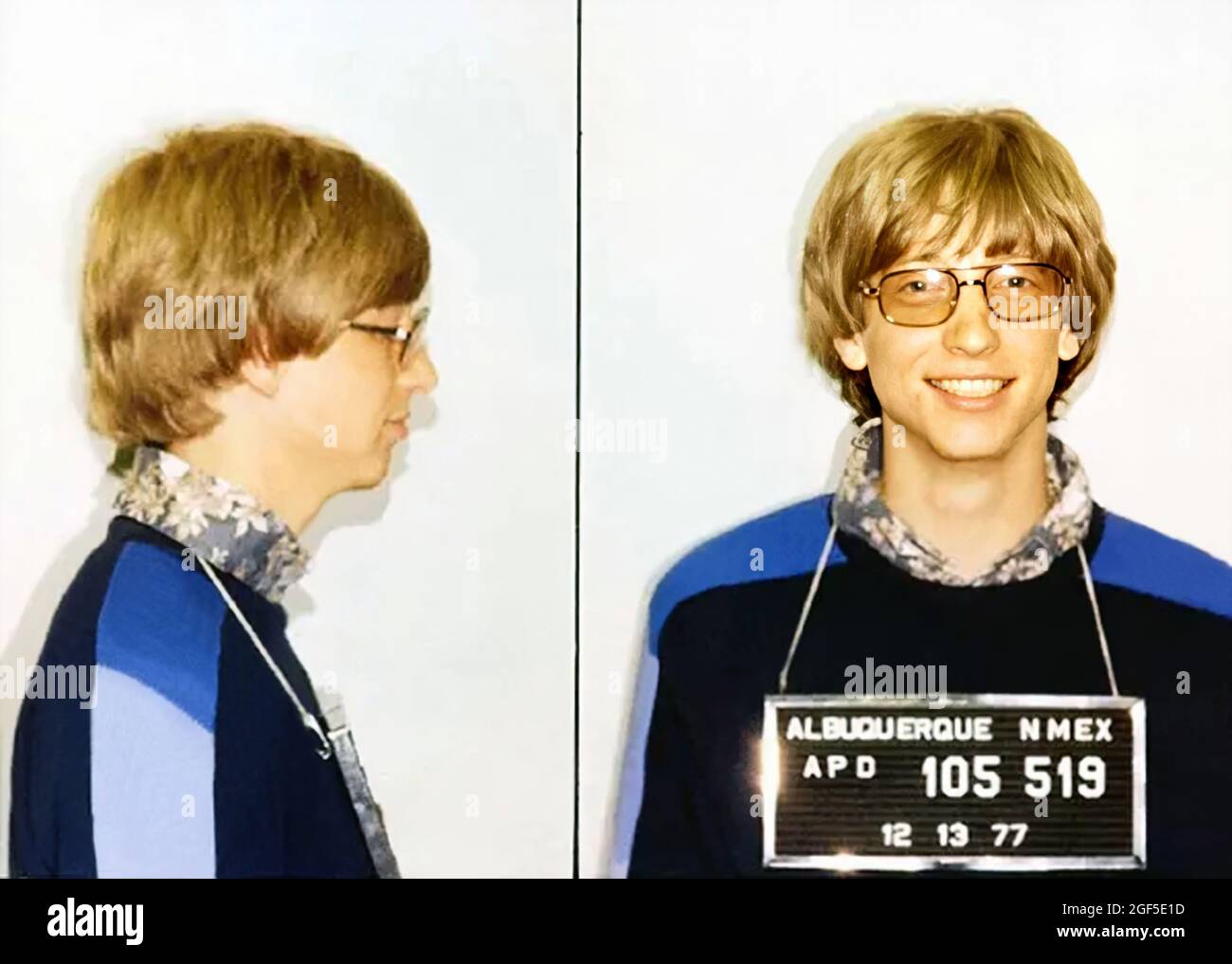 1977 , 13 december , Albuquerque , New Mexico , USA :  Mug shot of  american Microsoft inventor BILL GATES ( born in Seattle, 28 october 1955 ), aged 21, arrested for speeding with car , for driving without a license and not stopping at a stop sign . Unknown photographer by Albuquerque New Mexico Police Department . - MUG-SHOT - MUGSHOT - FOTO SEGNALETICA - portrait - ritratto - smile - sorriso - occhiali da vista - lens - COMPUTER - INVENTORE - eccesso di velocità - infrazione - MAGNATE - TYCOON - RICCO - RICH --- Archivio GBB Stock Photo