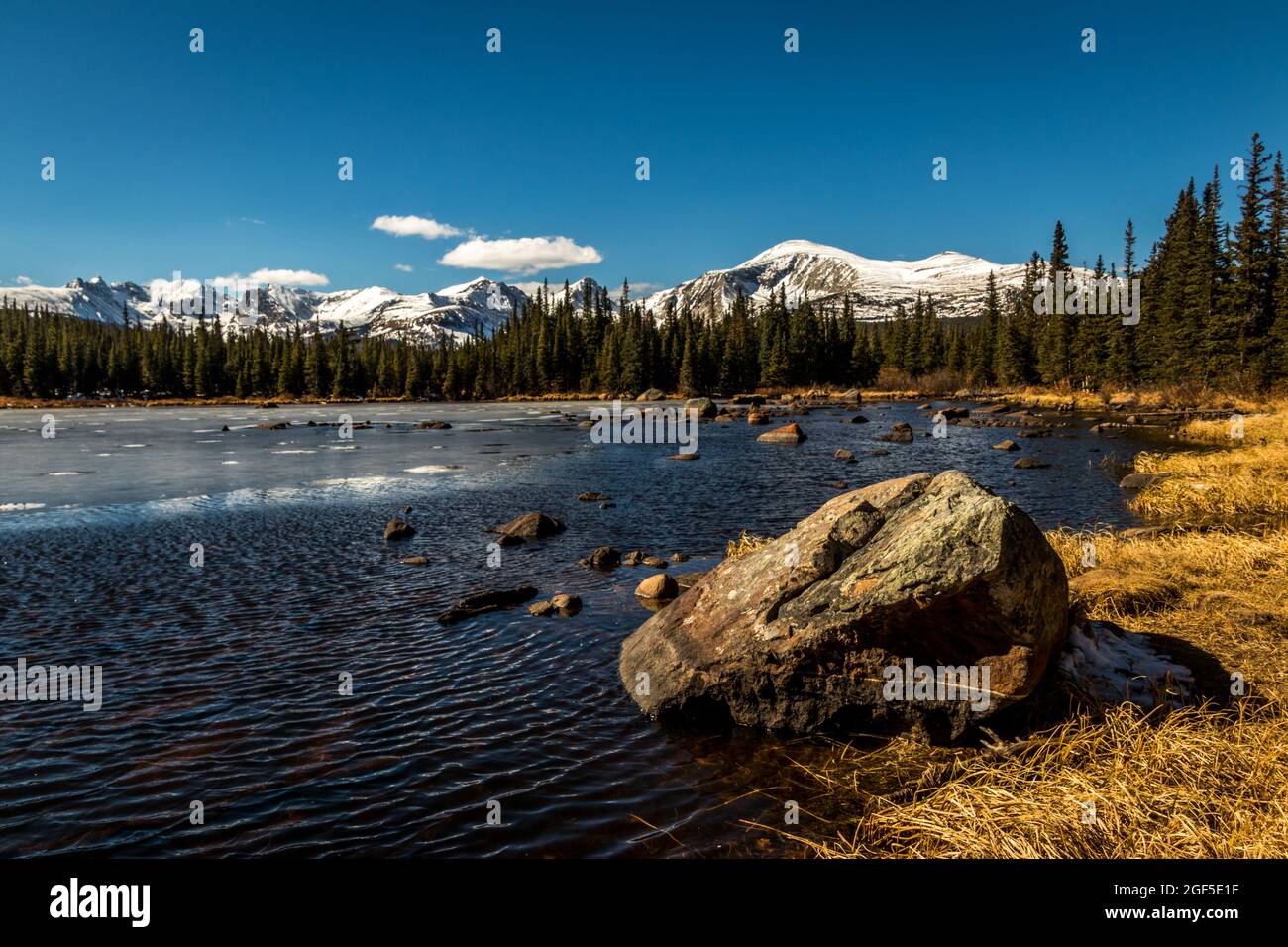 A wide angle landscape shot of a snowy Colorado mountain range and pine trees with a lake of water in the foreground with rocks, daytime in winter Stock Photo