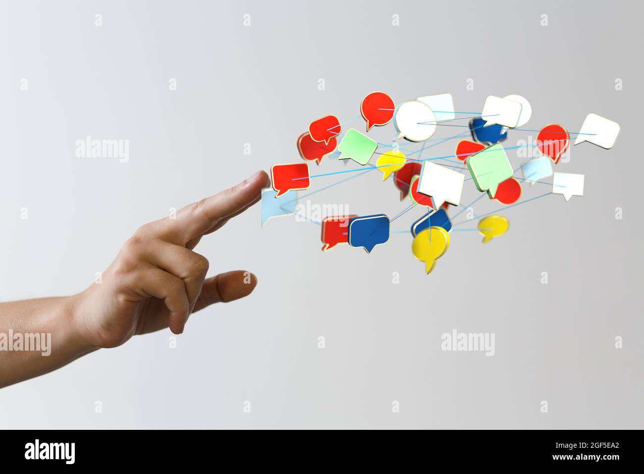 Person presenting the virtual projection of communication bubbles Stock