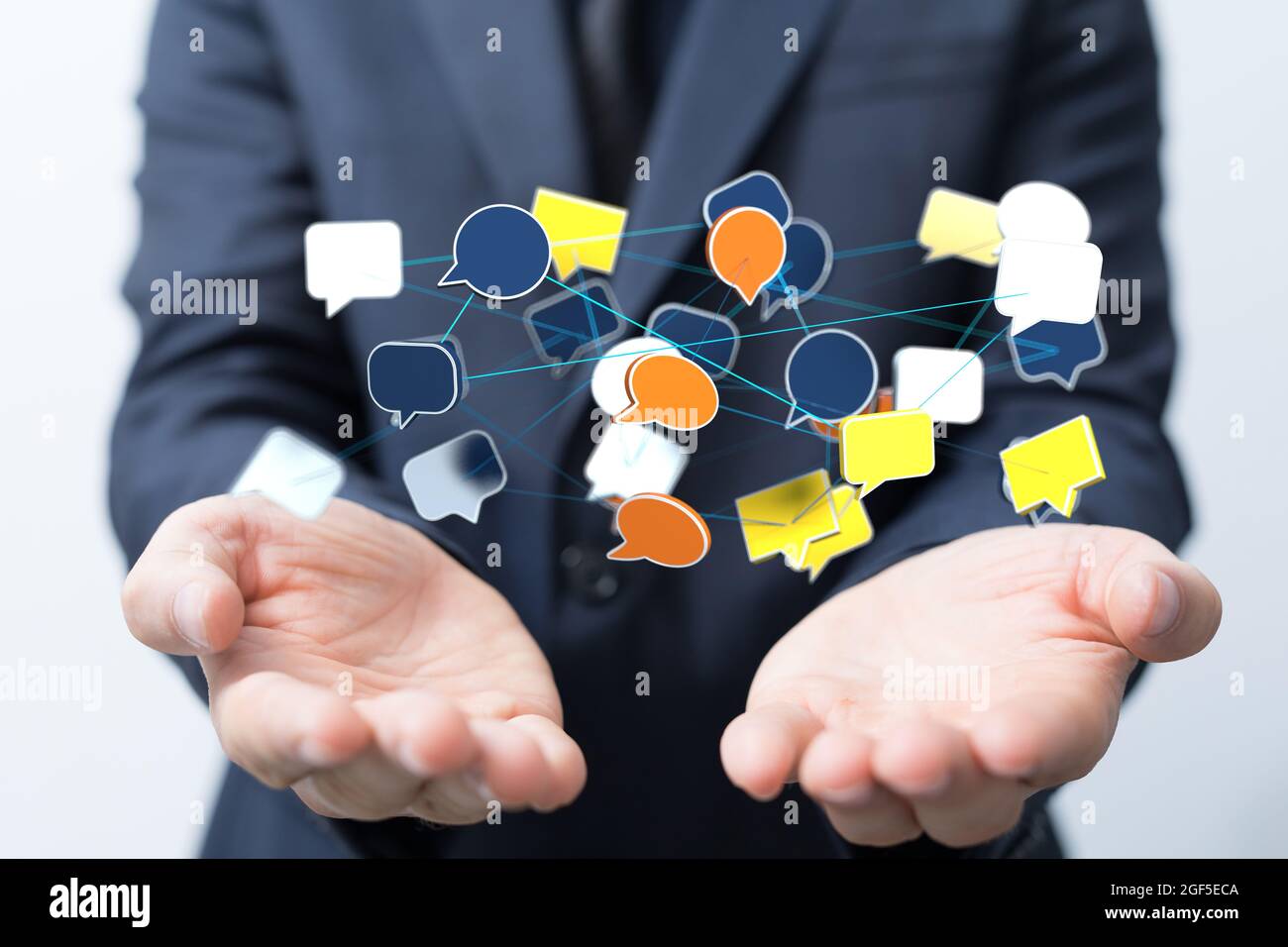 Person presenting the virtual projection of communication bubbles Stock