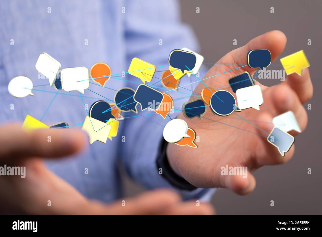 Person presenting the virtual projection of communication bubbles Stock