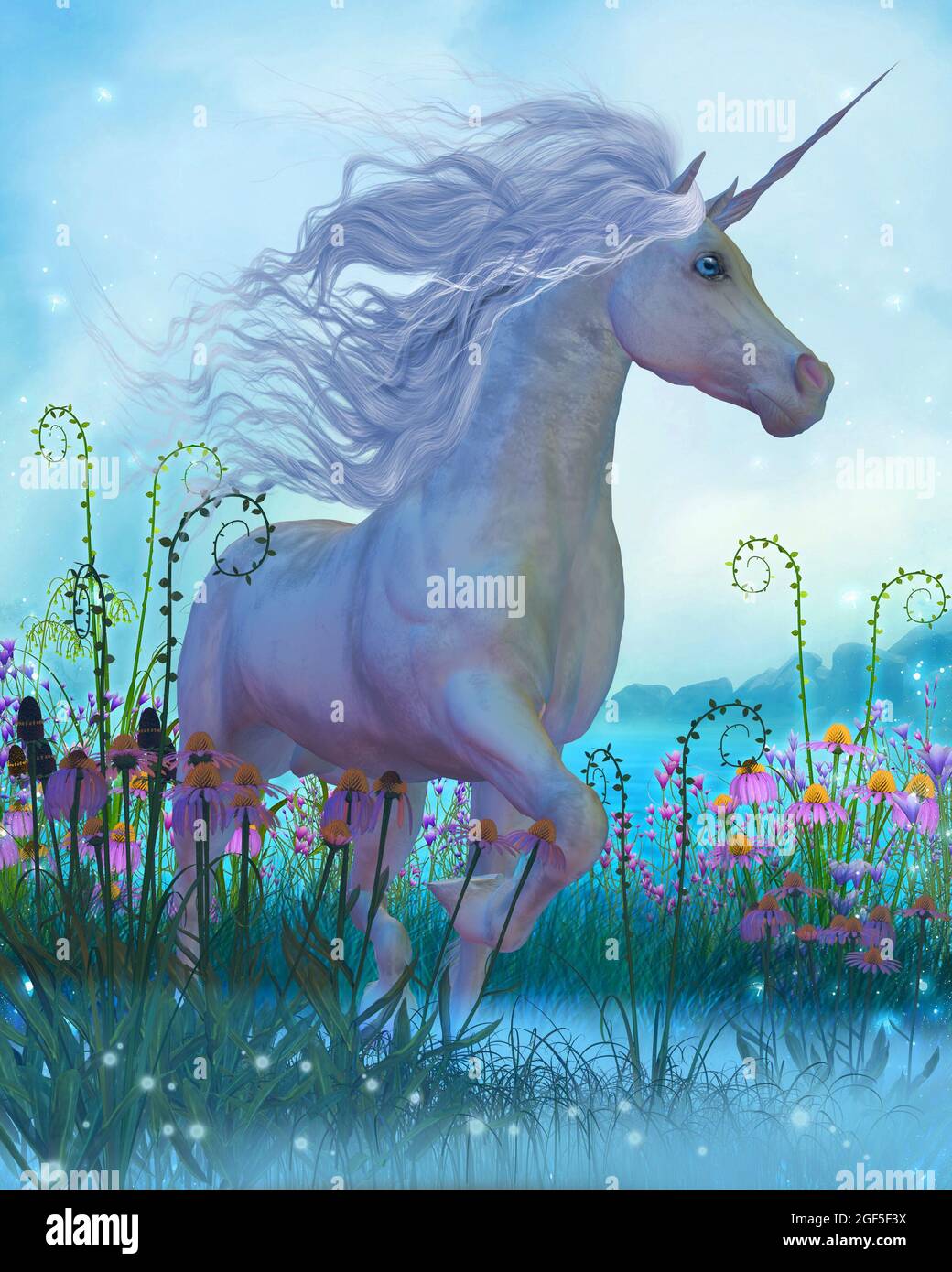 Unicorn Fantasy - A white Unicorn stallion walks through a garden full of flowers and plants. Stock Photo