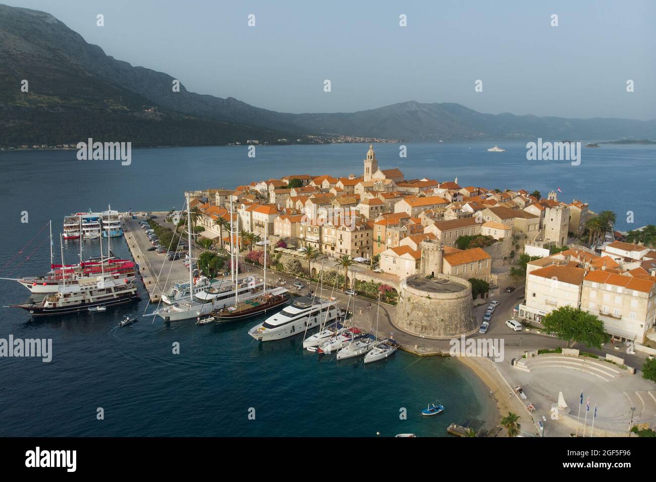 Aerial Drone View Of Korcula Historical Old Town Dalmatia Croatia aerial-drone-view-of-korcula-historical-old-town-dalmatia-croatia