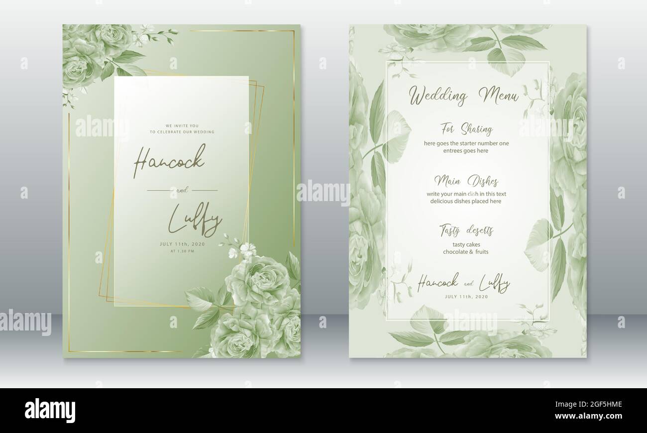 Luxury wedding invitation card template. Elegant of green background with  golden frame and rose bouquet. Vector  Stock Vector Image  & Art - Alamy