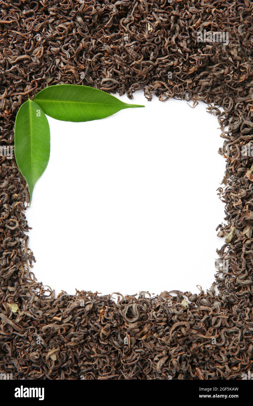 Frame of dry tea with green leaves on white background Stock Photo - Alamy
