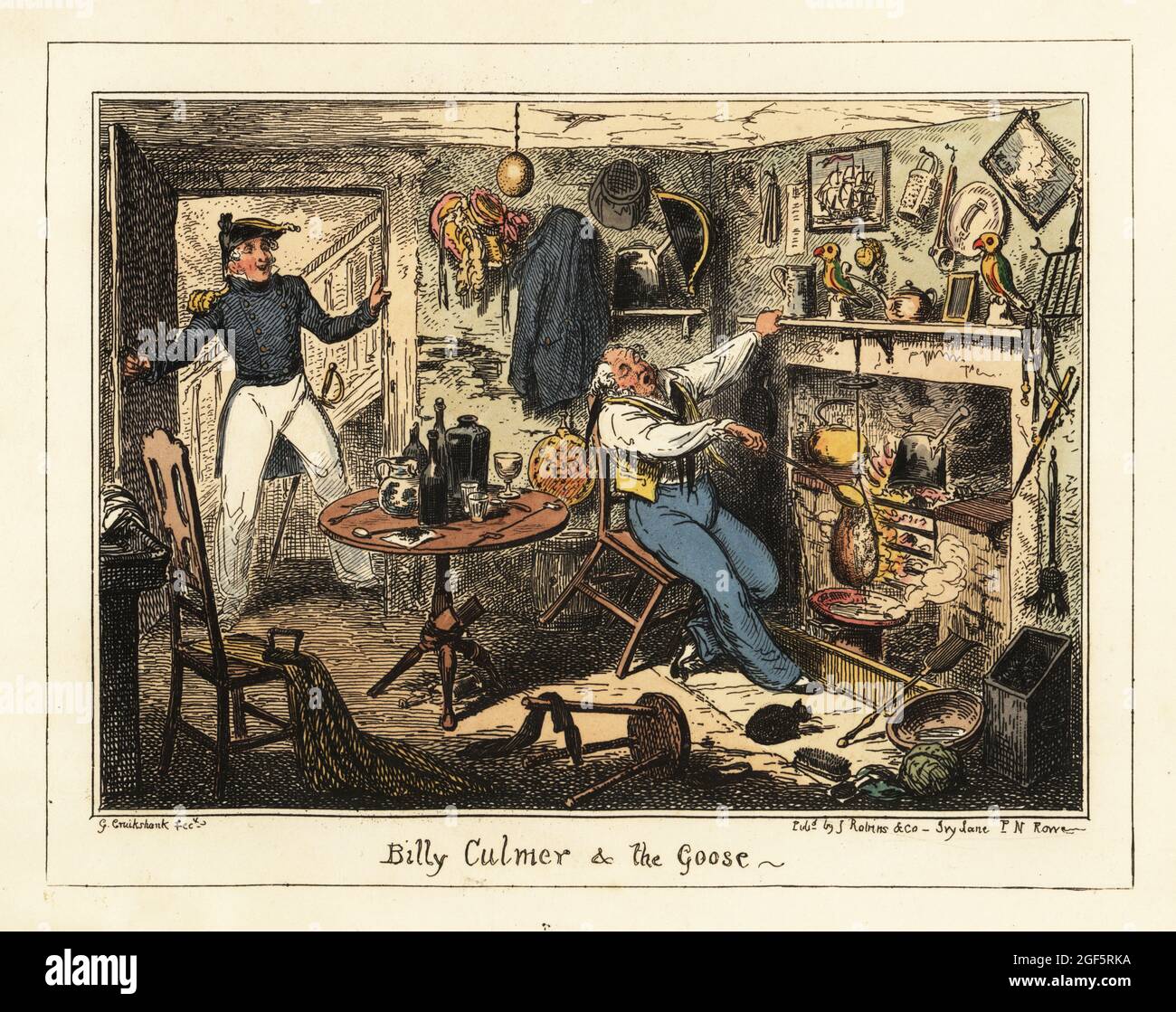 A naval lieutenant summons an old midshipman to duty, but he is too busy roasting a goose at the hearth. On the walls, a midshipman's dirk, paintings of ships, carved parrots, a cocked hat. Billy Culmer and the Goose. Handcoloured lithograph by George Cruikshank from Greenwich Hospital, a Series of Naval Sketches, by An Old Sailor (Matthew H. Barker), published by James Robins, London, 1826. Stock Photo