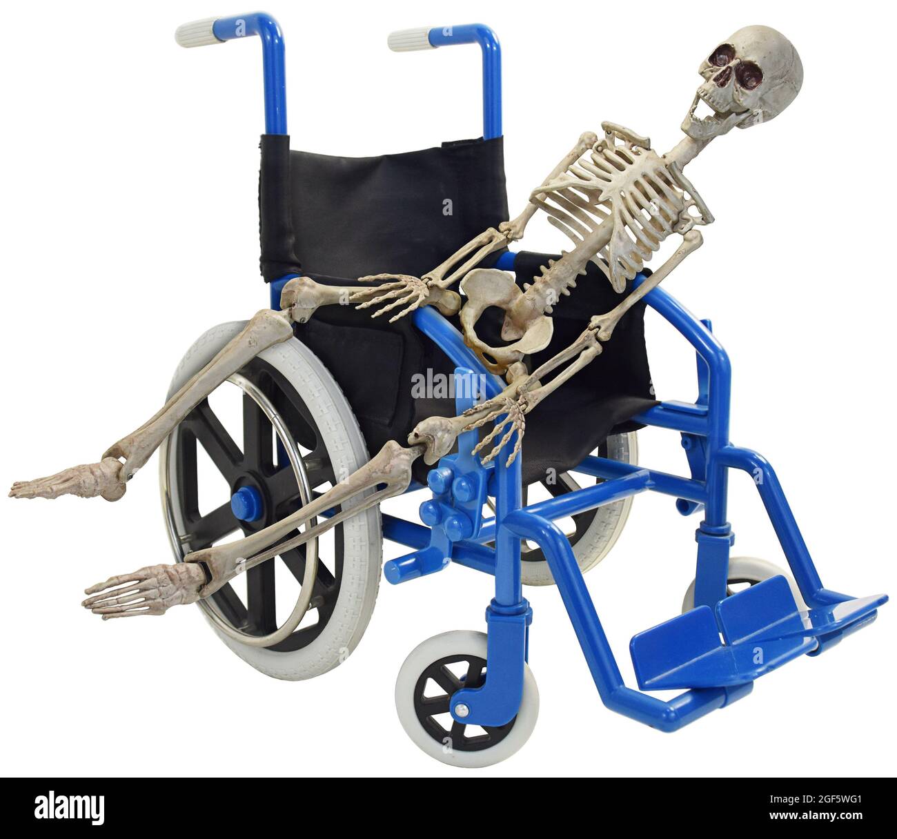 Skeleton laying across a Blue Wheelchair three quarter view Stock Photo -  Alamy