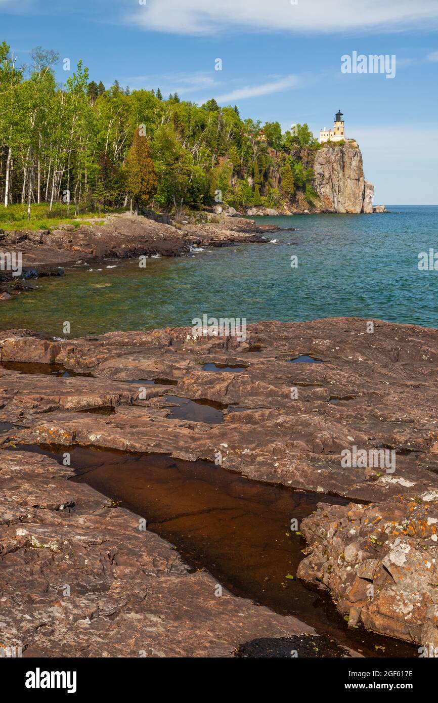 Lake Superior shore and Split Rock Lighthouse, Split Rock Lighthouse State Park, Minnesota Stock Photo