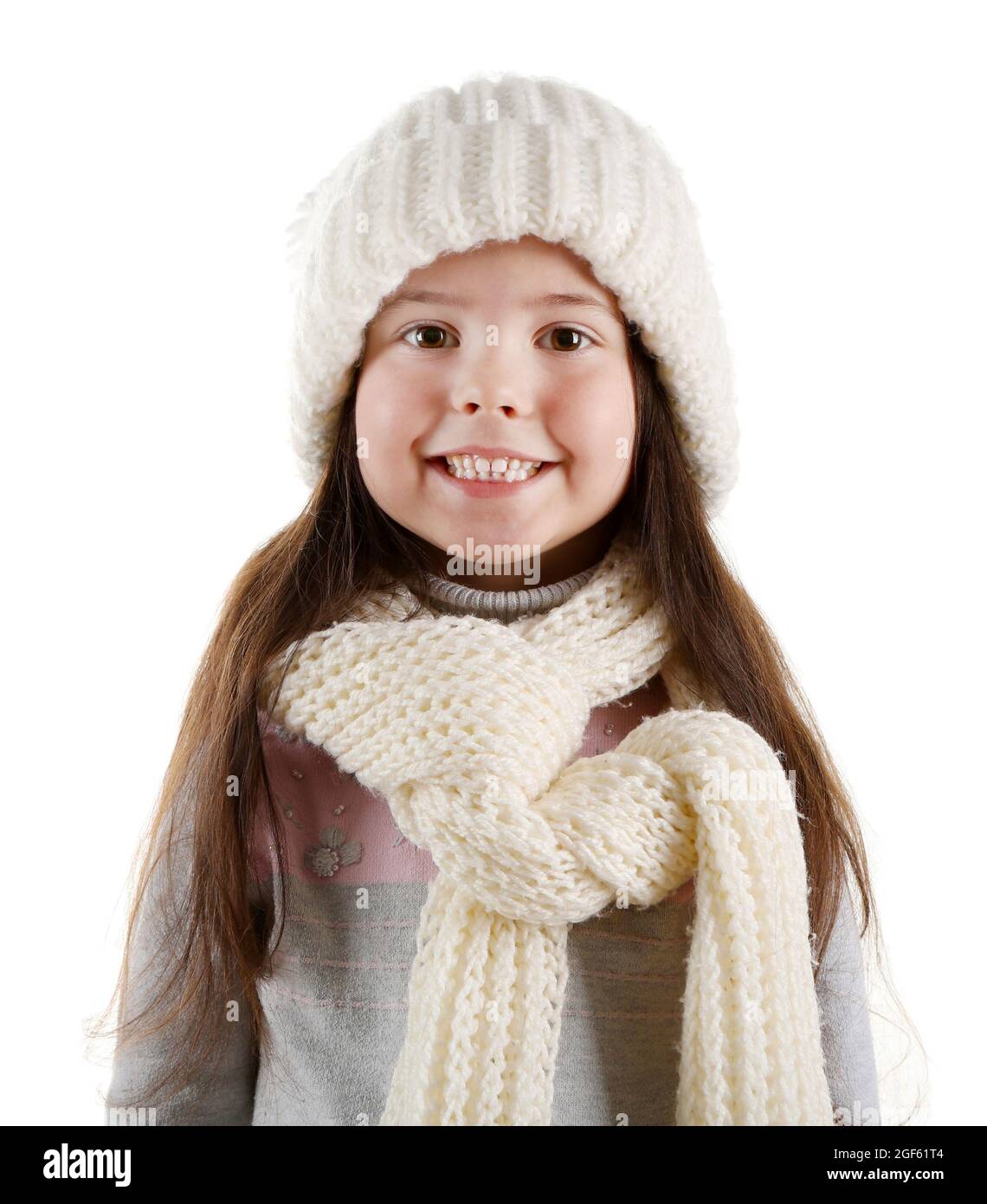 Little smiling girl wearing trendy knitted clothes Stock Photo Alamy