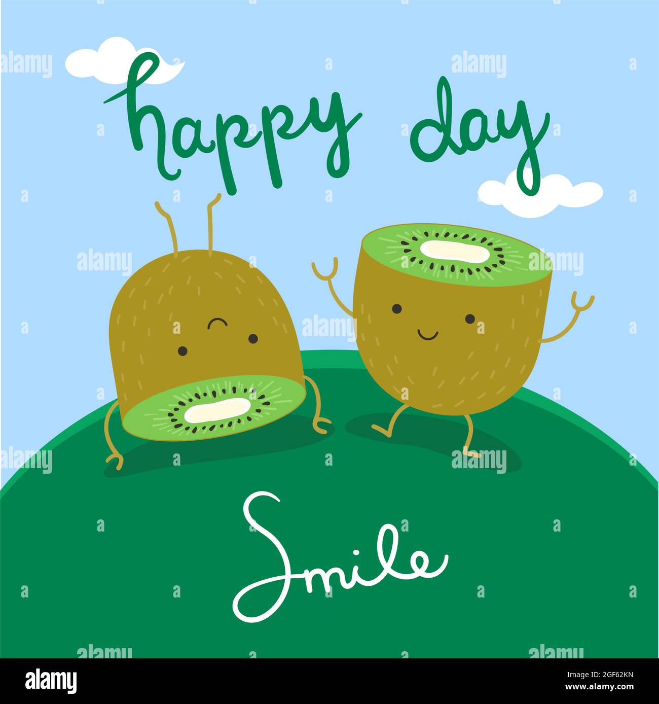 A pair of kiwi fruit dancing on the grass. Happy and smile. Vector flat illustration. Stock Vector
