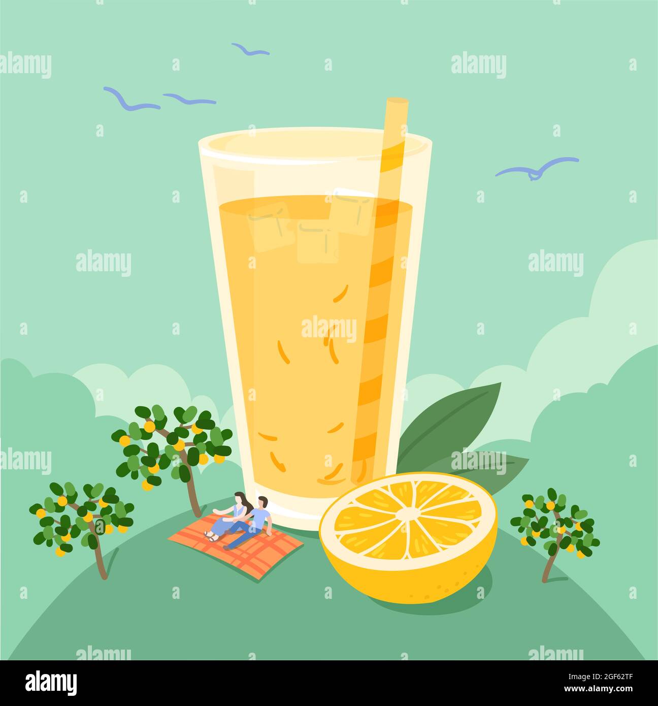 Concept of orange juice.Tiny lover having a picnic on the grasses.Big