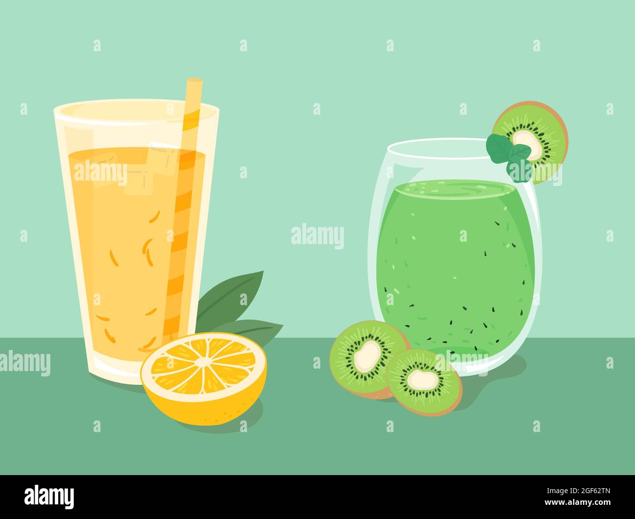 Set of beverages in different cups.Orange and kiwi fruit juice. Flat