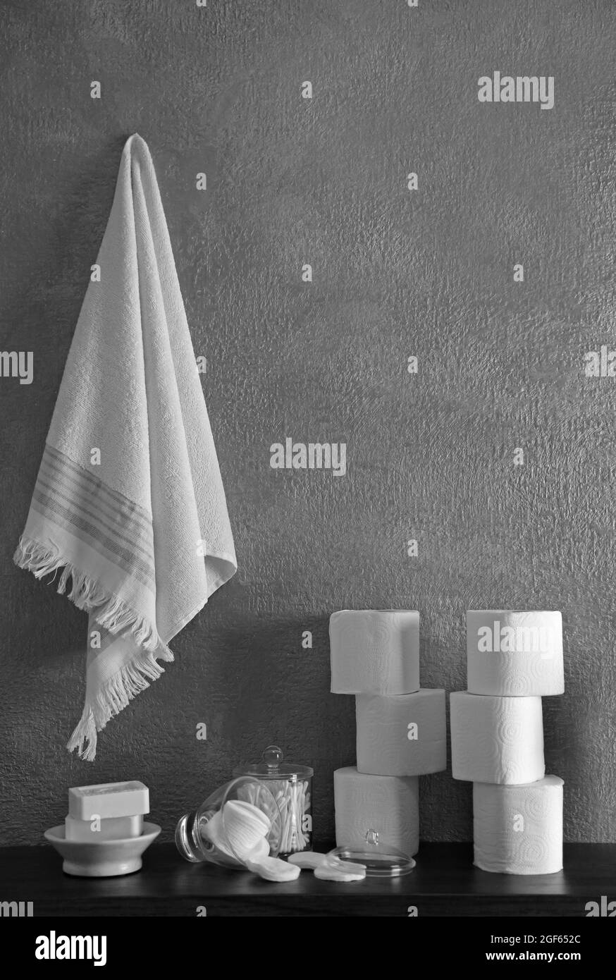 Bath accessories on grey wall background Stock Photo Alamy