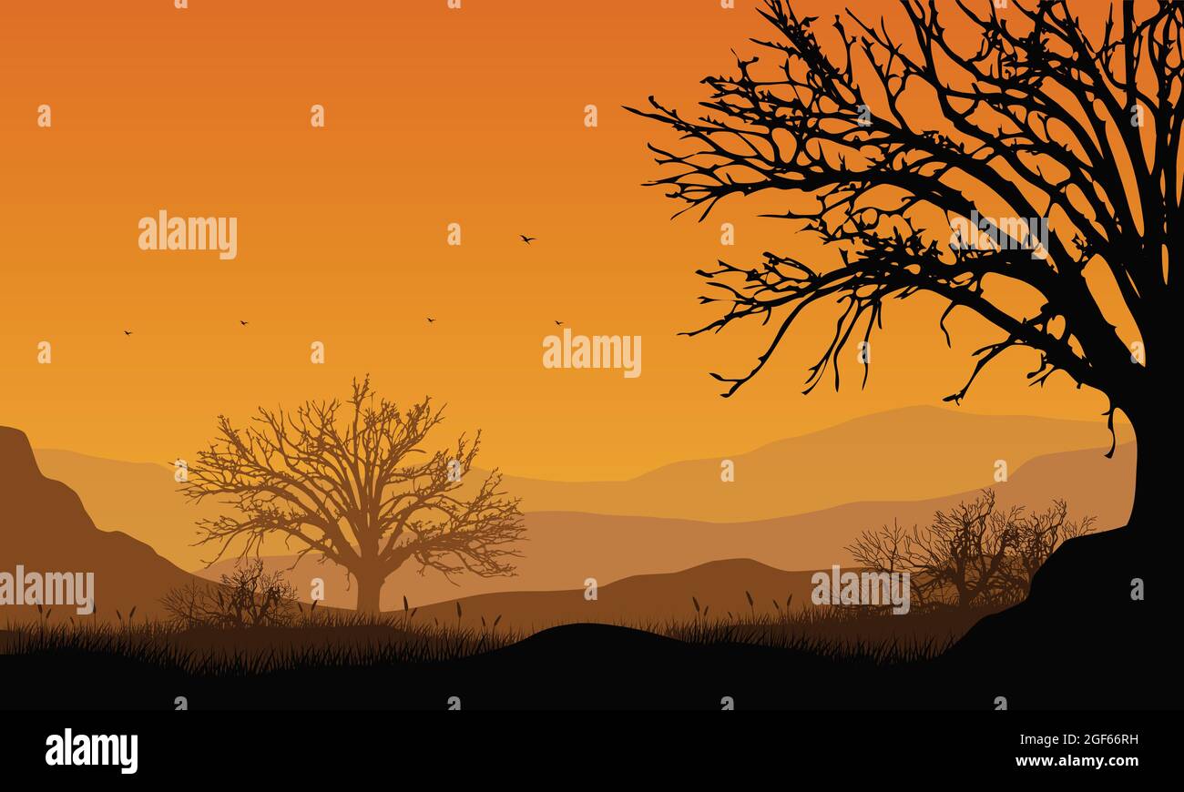 Pdusk Vector Incredible Mountains view with aesthetic dry tree silhouettes from the ...