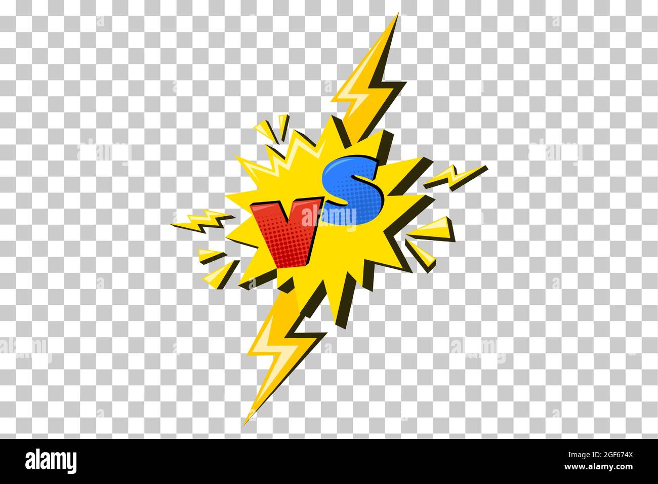 Versus comic design with lightning. Yellow flash with halftone vs symbol. Vector illustration isolated in transparent background Stock Vector