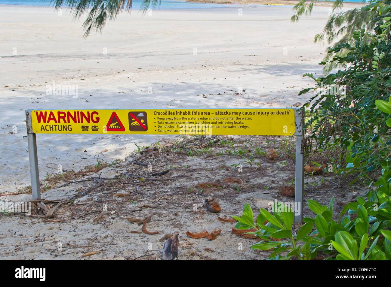 Warning sign beach in North Queensland Stock Photo