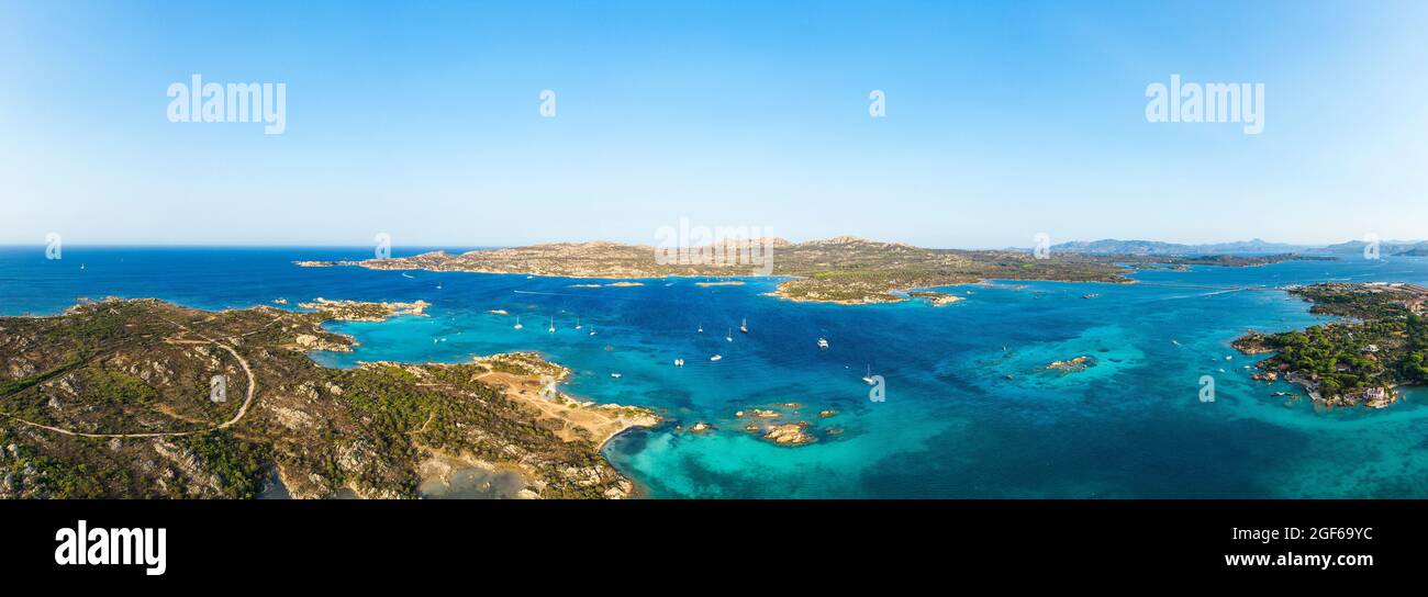 View from above, stunning panoramic view of La Maddalena Archipelago with its turquoise, crystal clear water. Caprera Island in the distance. Stock Photo