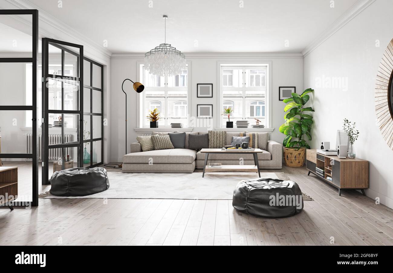 modern living interior design. 3d concept illustration Stock Photo - Alamy