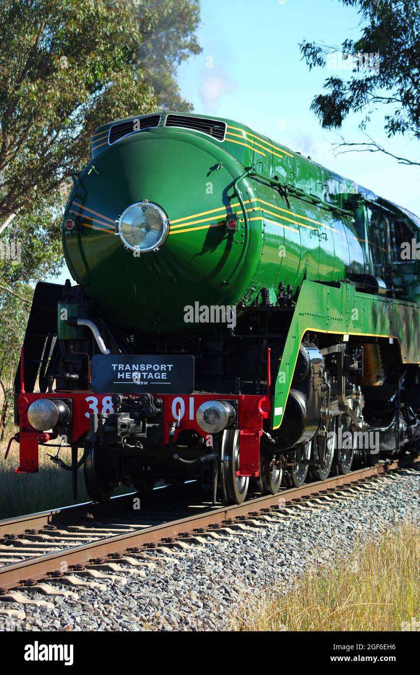 3801 steam train, historical train leaving Albury, NSW