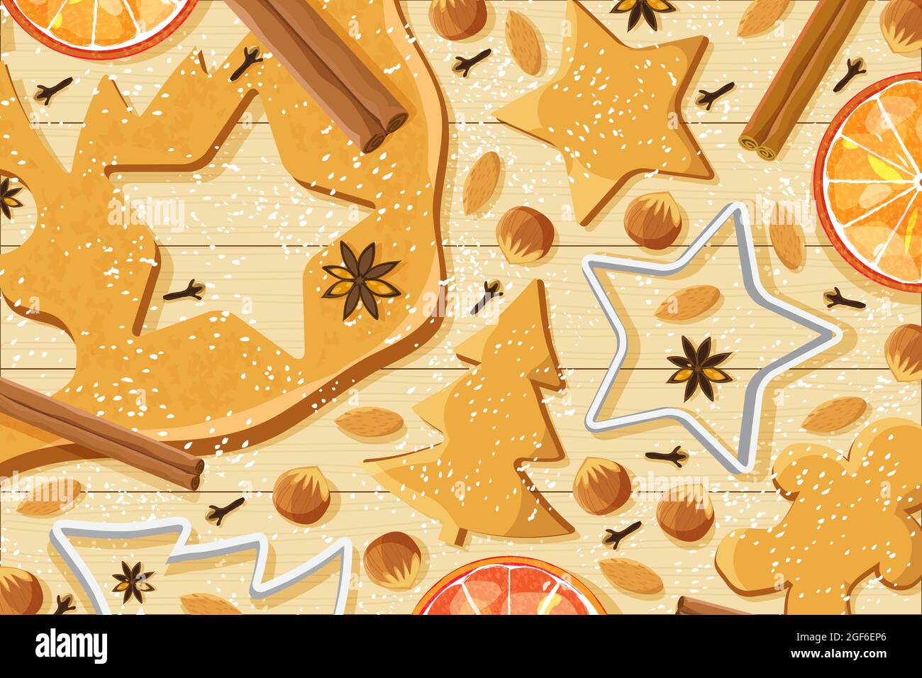 Christmas gingerbread baking background, vector illustration. Dough, cookie cutters and nuts. Stock Vector