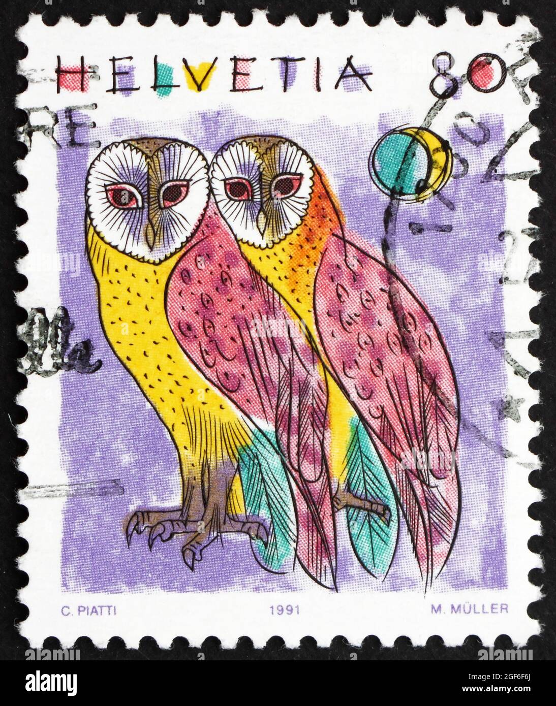 SWITZERLAND - CIRCA 1991: a stamp printed in the Switzerland shows Common Barn Owls, Tyto Alba, Animal, circa 1991 Stock Photo