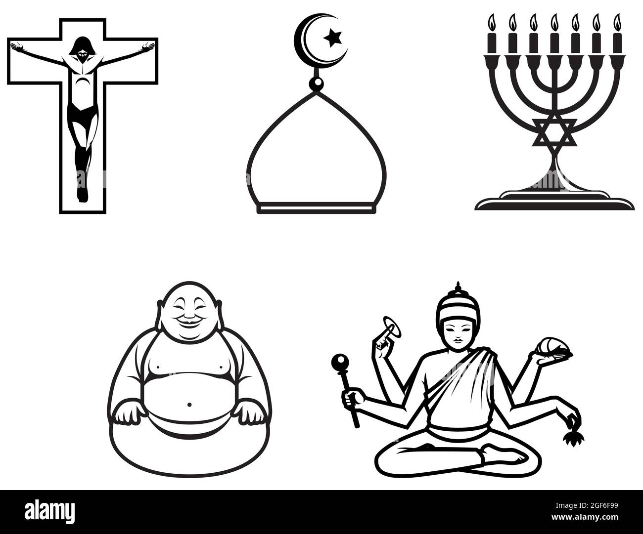 Vector illustration Religious symbols of 5 main world religions. Stock Vector